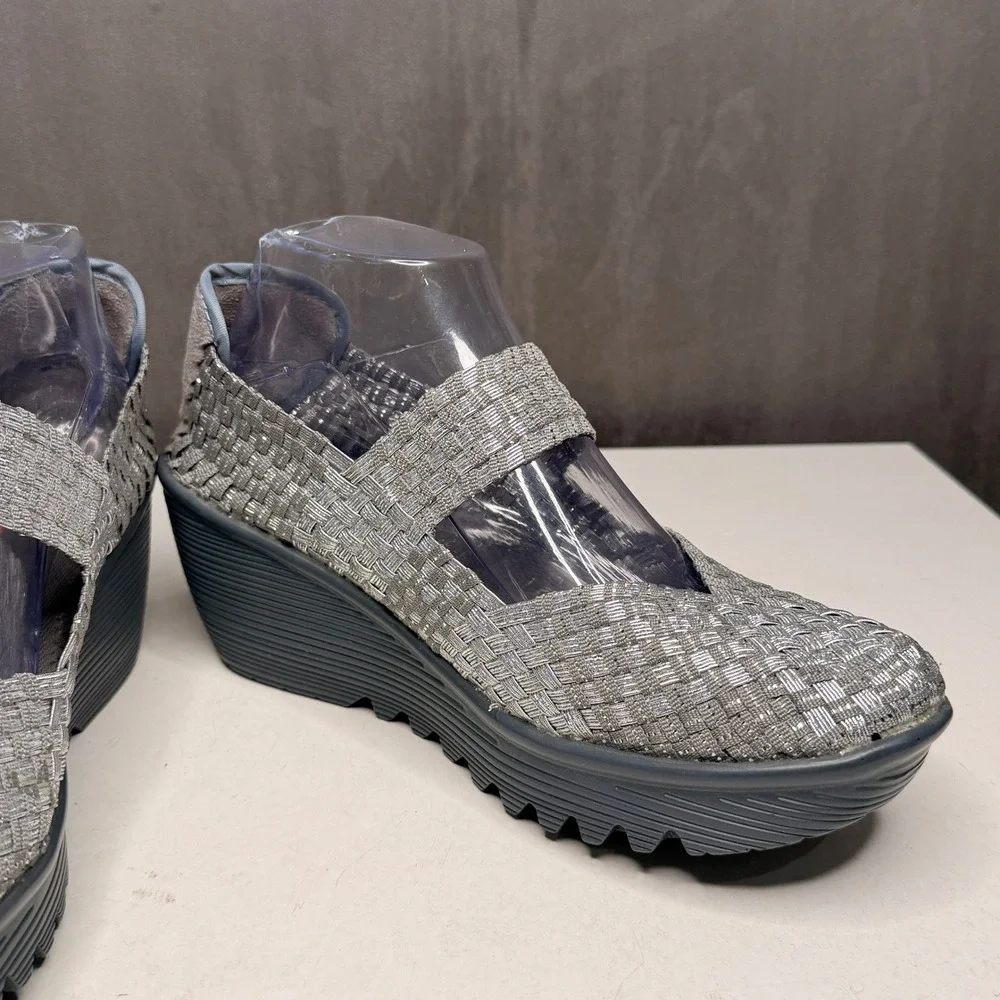 Bernie Mev Lulia Wedge Mary Jane Women 41 Silver Grey Woven Elastic Platform New
